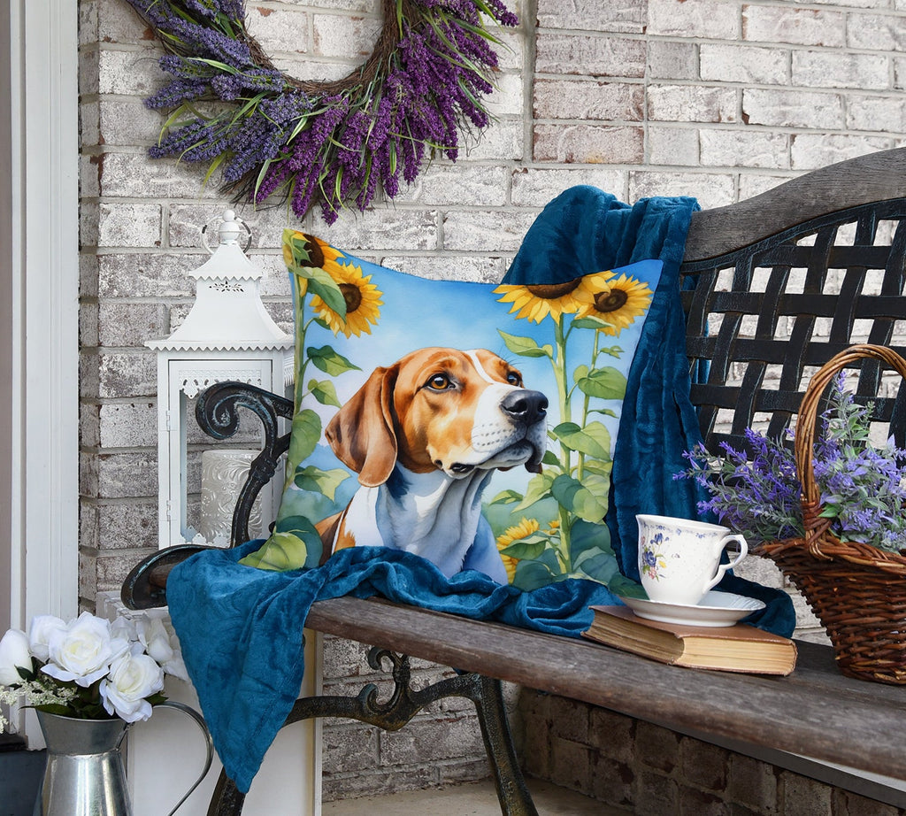 English Foxhound in Sunflowers Decorative Throw Pillow 18x18 Indoor Outdoor Accent Cushion, Fabric Cover with Insert for Sofa, Bed, Porch & Living Room