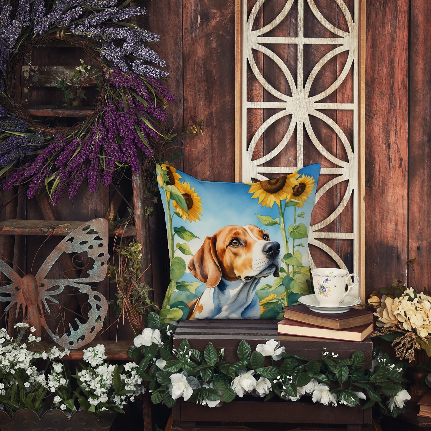 English Foxhound in Sunflowers Decorative Throw Pillow 18x18 Indoor Outdoor Accent Cushion, Fabric Cover with Insert for Sofa, Bed, Porch & Living Room