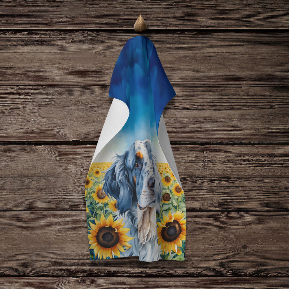English Setter in Sunflowers Kitchen Towel Velour Plush Front and Cotton Loop Back Machine Washable
