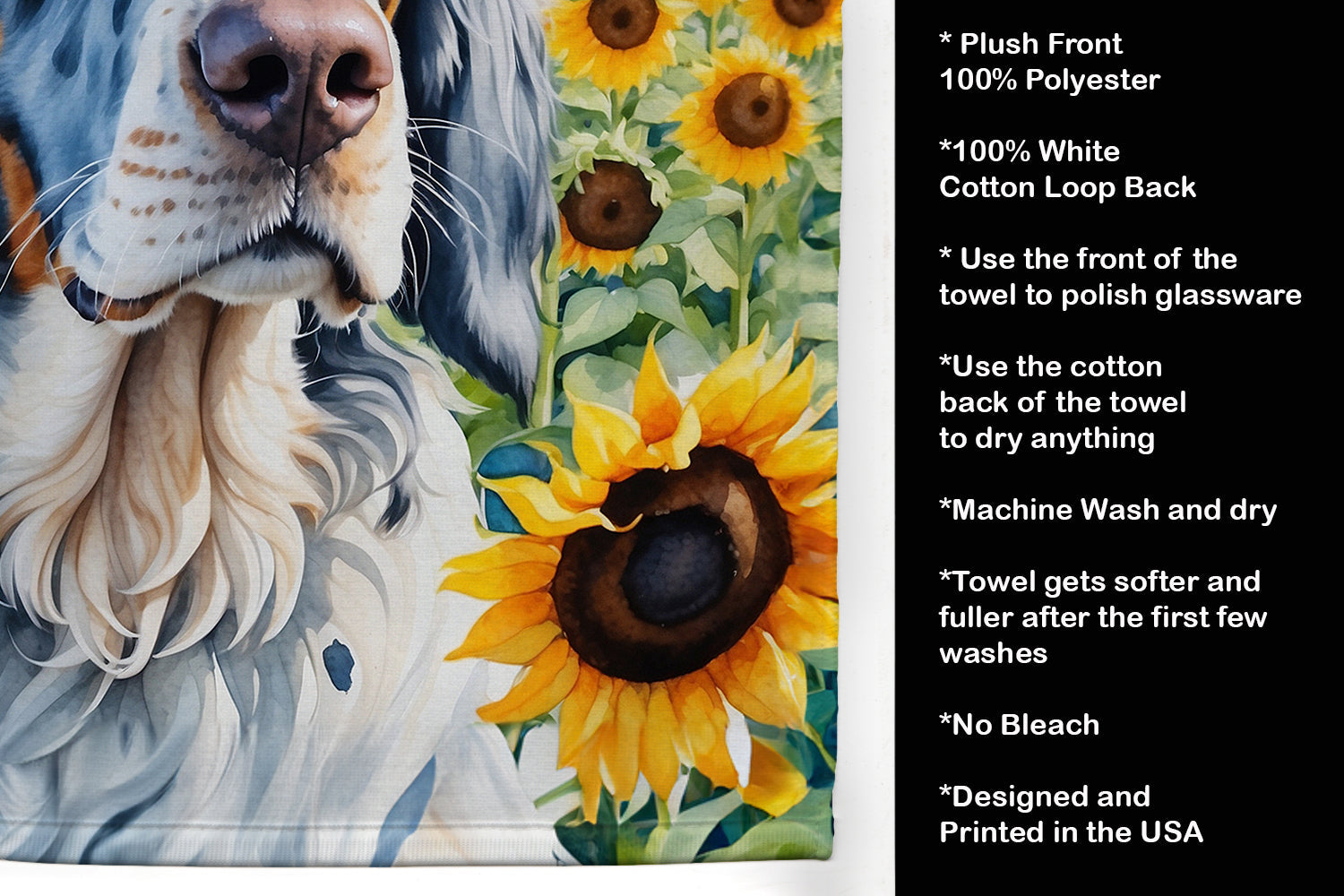English Setter in Sunflowers Kitchen Towel Velour Plush Front and Cotton Loop Back Machine Washable