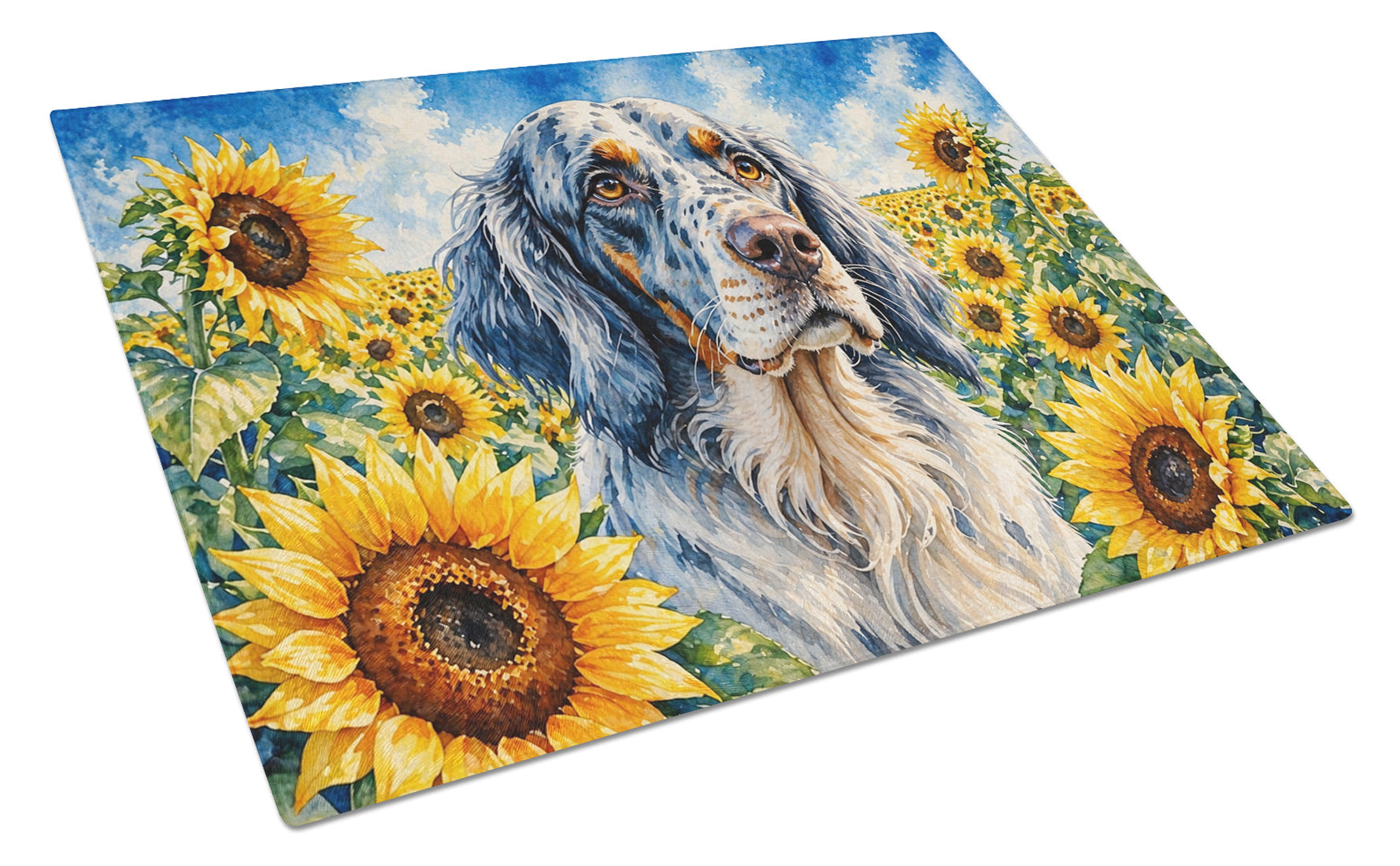 English Setter in Sunflowers Cutting Board Tempered Glass Kitchen Cutting Surface, Heat Resistant Chopping Board with Non-Slip Feet, Decorative Food Prep & Serving