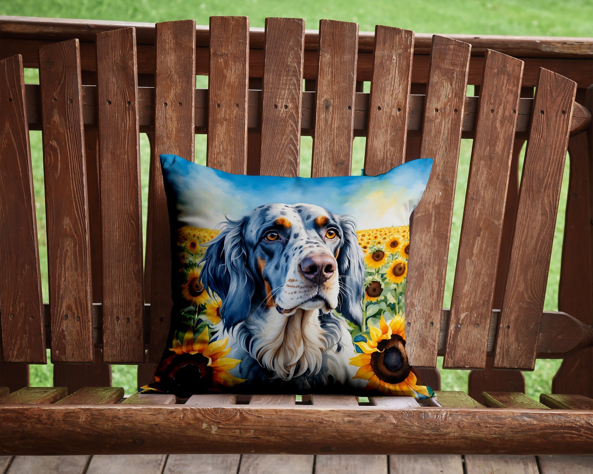 English Setter in Sunflowers Decorative Throw Pillow 14x14 Indoor Outdoor Accent Cushion, Fabric Cover with Insert for Sofa, Bed, Porch & Living Room