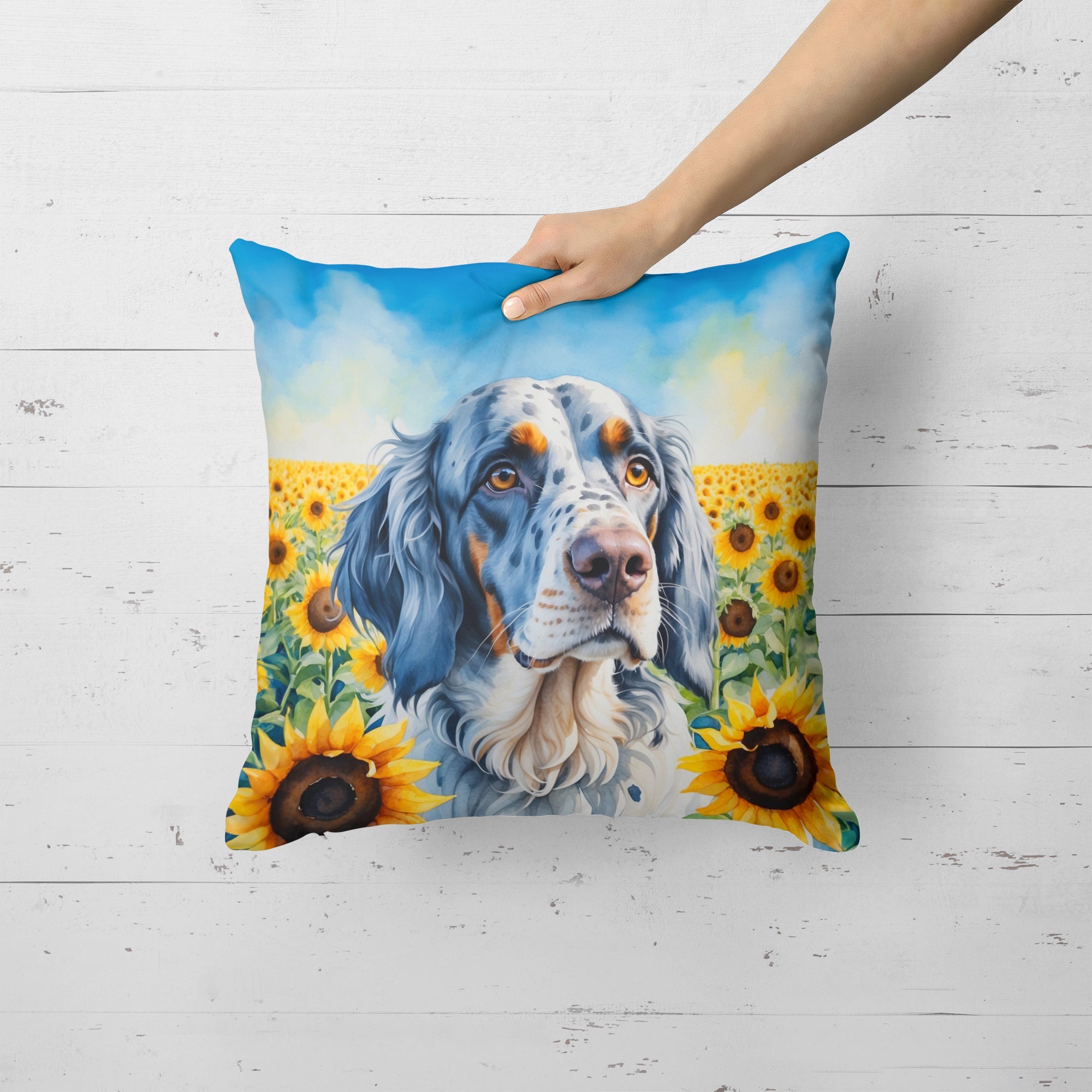 English Setter in Sunflowers Decorative Throw Pillow 18x18 Indoor Outdoor Accent Cushion, Fabric Cover with Insert for Sofa, Bed, Porch & Living Room