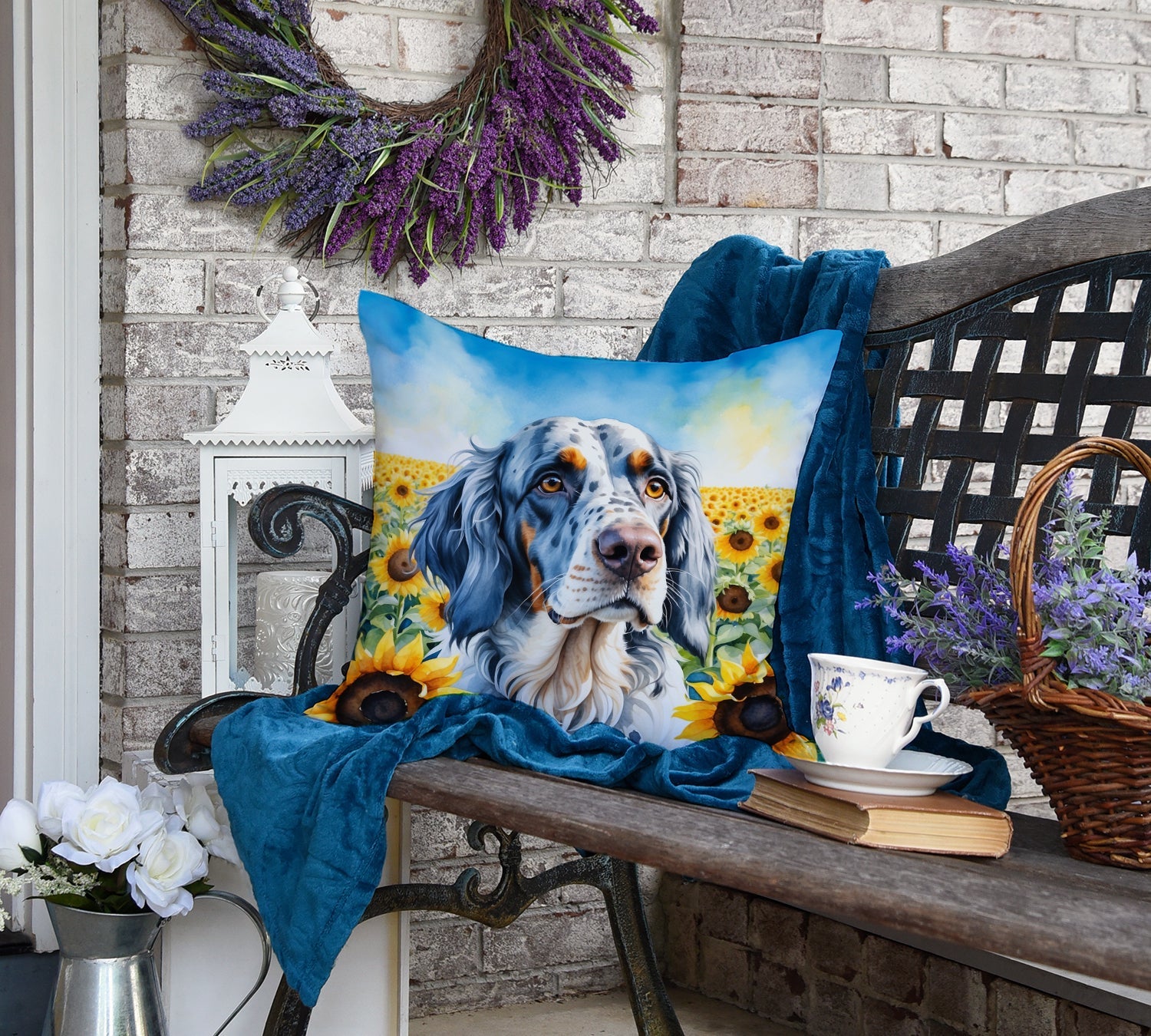 English Setter in Sunflowers Decorative Throw Pillow 18x18 Indoor Outdoor Accent Cushion, Fabric Cover with Insert for Sofa, Bed, Porch & Living Room