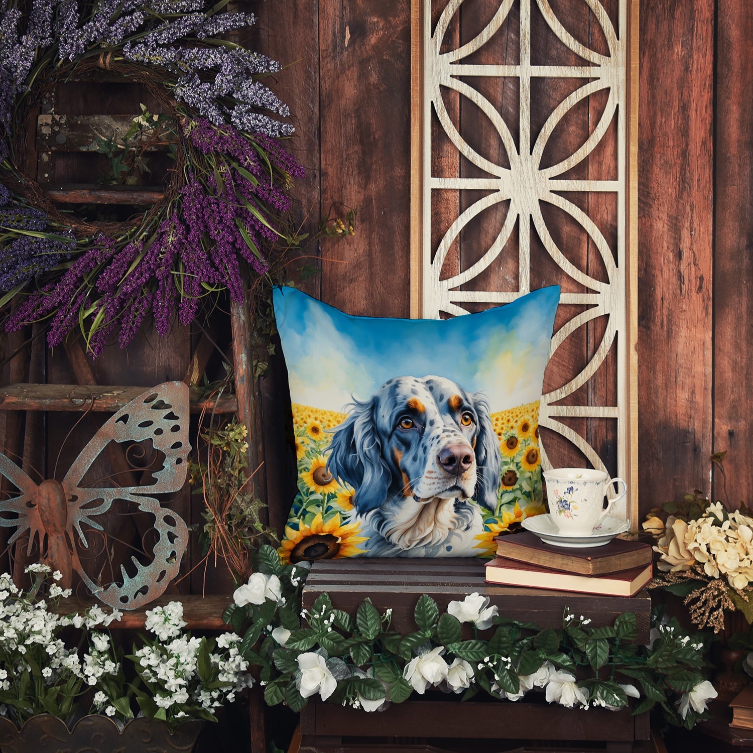 English Setter in Sunflowers Decorative Throw Pillow 18x18 Indoor Outdoor Accent Cushion, Fabric Cover with Insert for Sofa, Bed, Porch & Living Room