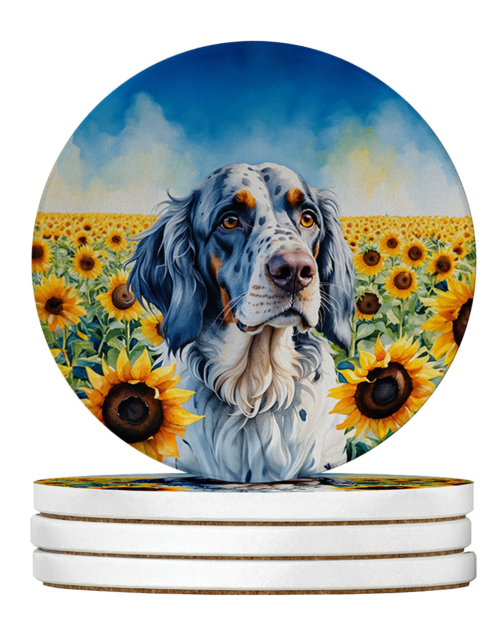 English Setter in Sunflowers Large Sandstone Coasters Pack of 4 Absorbent Round Coasters Decor Gifts for Men or Women, 4 in, Multicolor