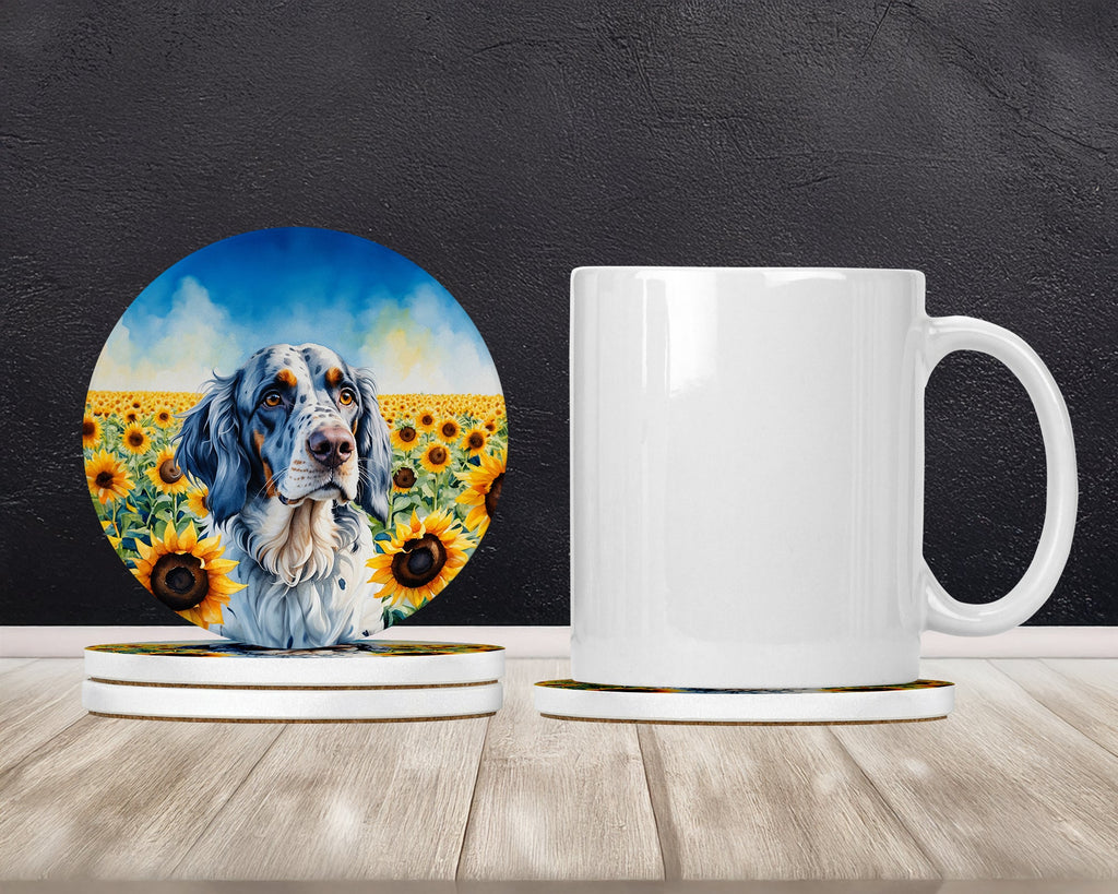 English Setter in Sunflowers Large Sandstone Coasters Pack of 4 Absorbent Round Coasters Decor Gifts for Men or Women, 4 in, Multicolor