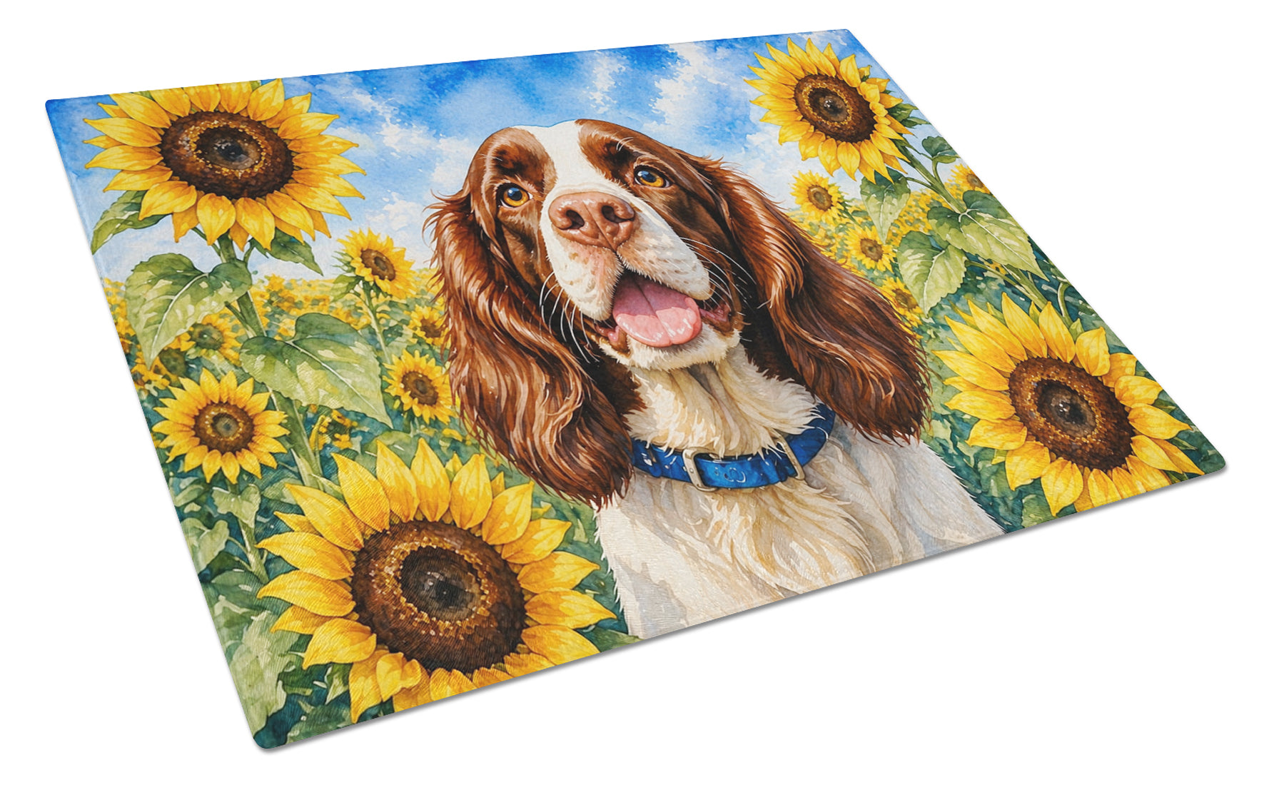 English Springer Spaniel in Sunflowers Cutting Board Tempered Glass Kitchen Cutting Surface, Heat Resistant Chopping Board with Non-Slip Feet, Decorative Food Prep & Serving