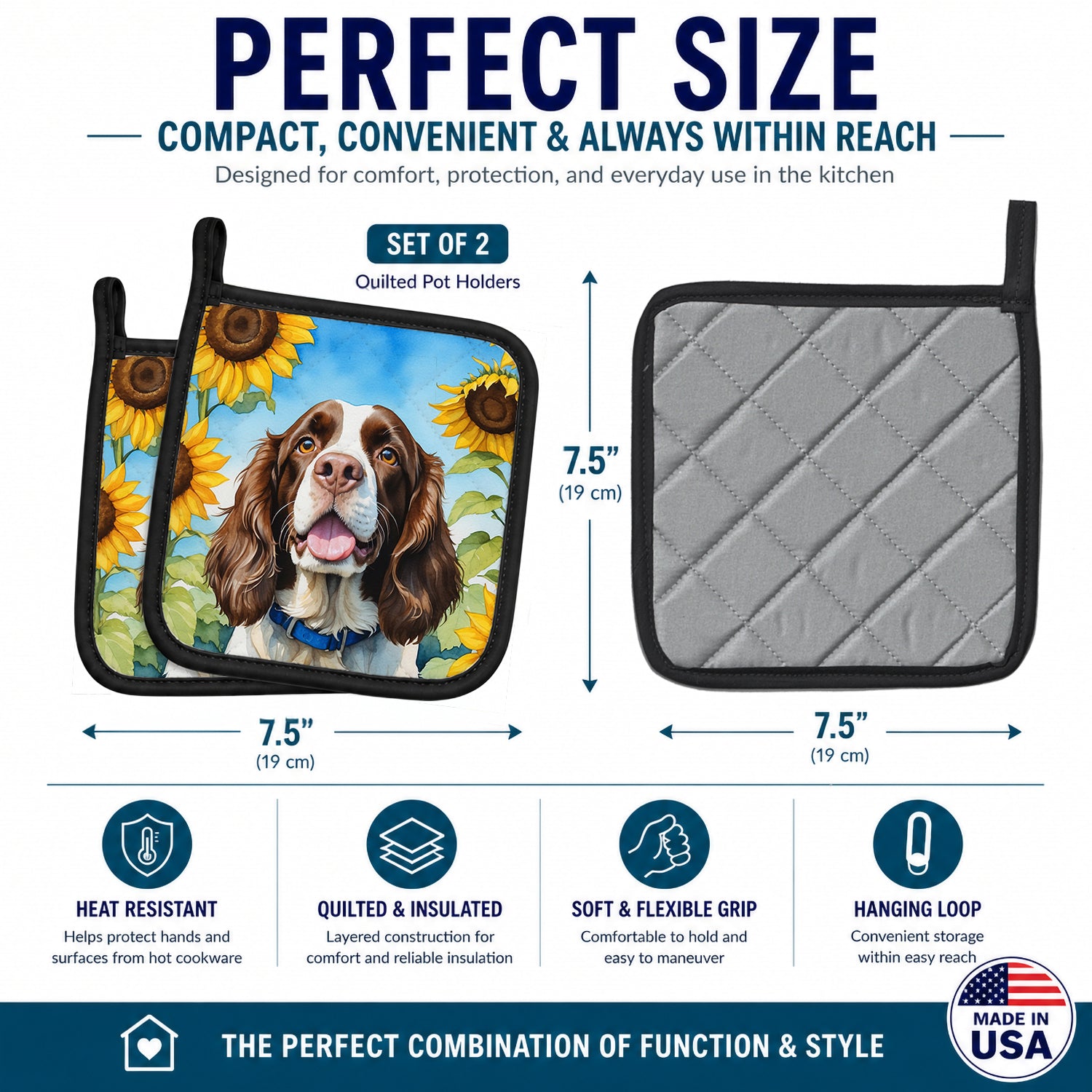 English Springer Spaniel in Sunflowers Pot Holder Set of 2 Heat Resistant Quilted Hot Pads 7.5 x 7.5 Inch, Insulated Kitchen Trivets for Cooking & Baking