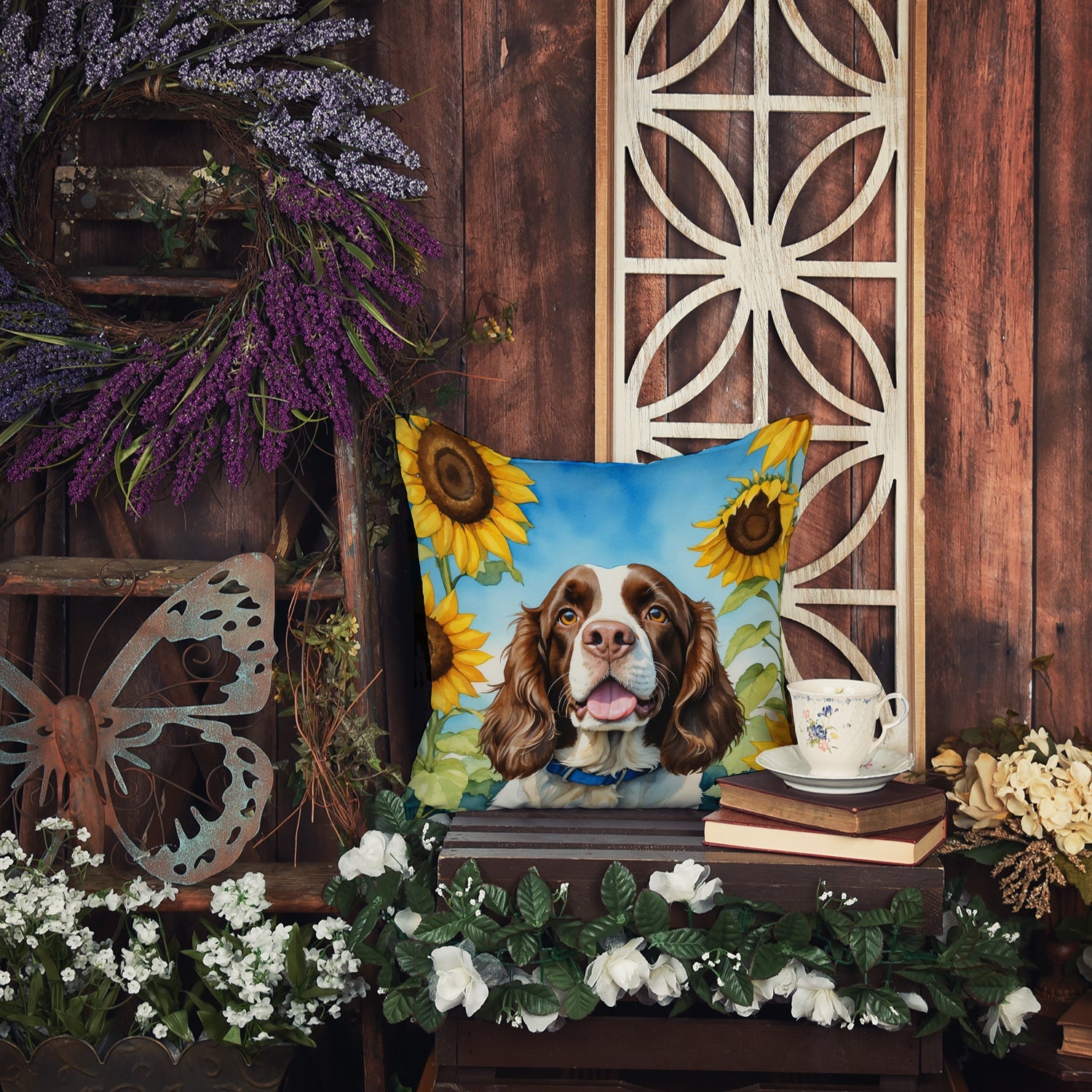 English Springer Spaniel in Sunflowers Decorative Throw Pillow 14x14 Indoor Outdoor Accent Cushion, Fabric Cover with Insert for Sofa, Bed, Porch & Living Room