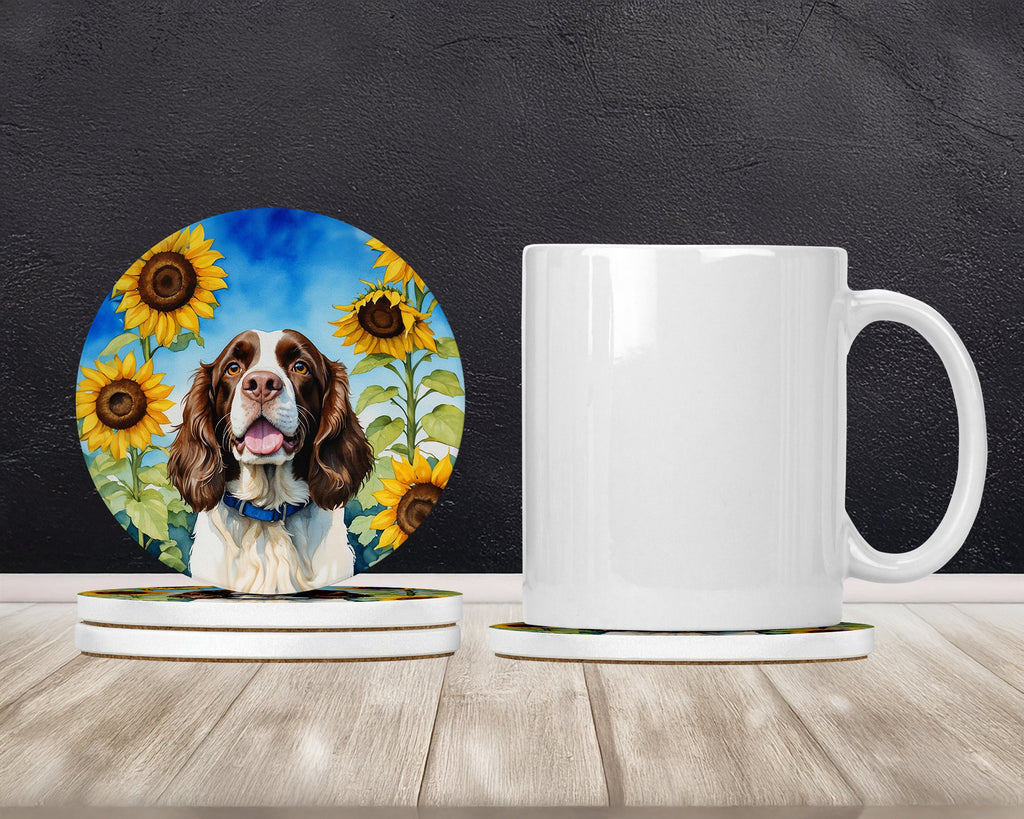 English Springer Spaniel in Sunflowers Large Sandstone Coasters Pack of 4 Absorbent Round Coasters Decor Gifts for Men or Women, 4 in, Multicolor