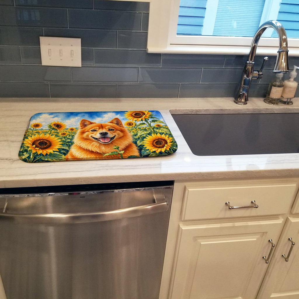 Finnish Spitz in Sunflowers Dish Drying Mat Absorbent Dish Drying Mat Pad for Kitchen Counter Dish Drainer Mat for Countertop, 14 x 21", Multicolor