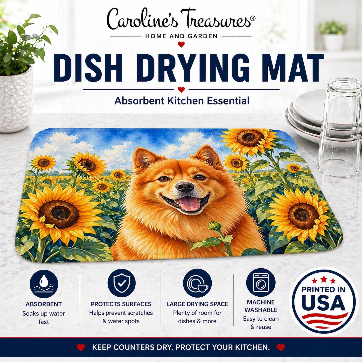 Finnish Spitz in Sunflowers Dish Drying Mat Absorbent Dish Drying Mat Pad for Kitchen Counter Dish Drainer Mat for Countertop, 14 x 21", Multicolor