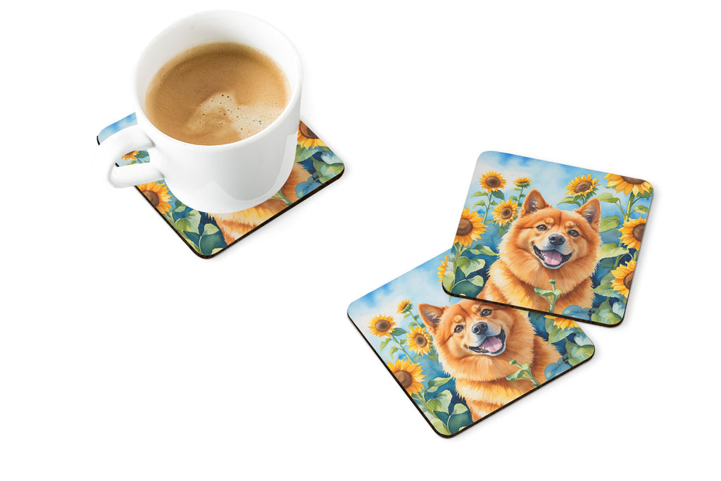 Finnish Spitz in Sunflowers Foam Coasters Set of 4 Cup Coasters for Indoor Outdoor, Tabletop Protection, Anti Slip, Mouse pad Material