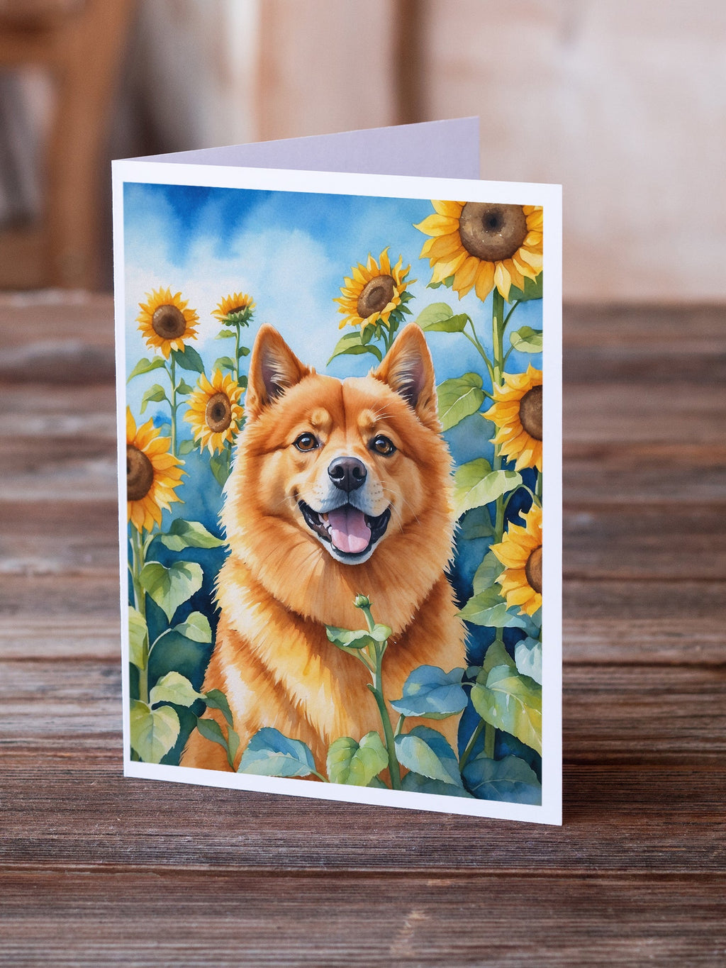 Finnish Spitz in Sunflowers Greeting Cards Pack of 8 Blank Cards with Envelopes Whimsical A7 Size 5x7