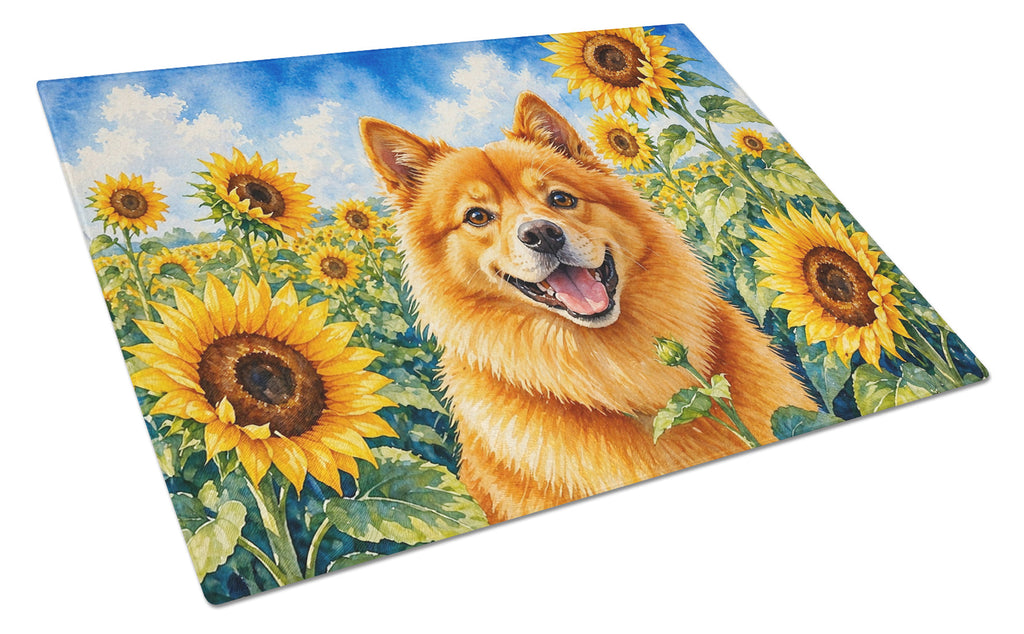 Finnish Spitz in Sunflowers Cutting Board Tempered Glass Kitchen Cutting Surface, Heat Resistant Chopping Board with Non-Slip Feet, Decorative Food Prep & Serving