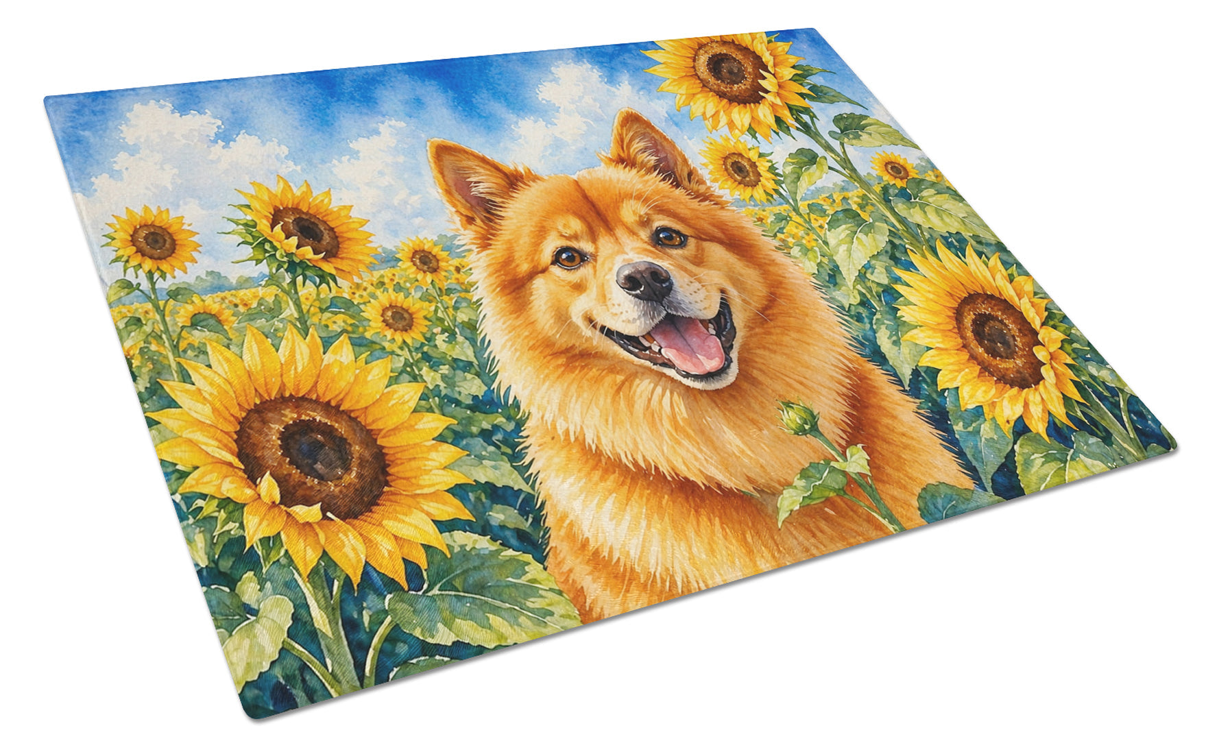 Finnish Spitz in Sunflowers Cutting Board Tempered Glass Kitchen Cutting Surface, Heat Resistant Chopping Board with Non-Slip Feet, Decorative Food Prep & Serving
