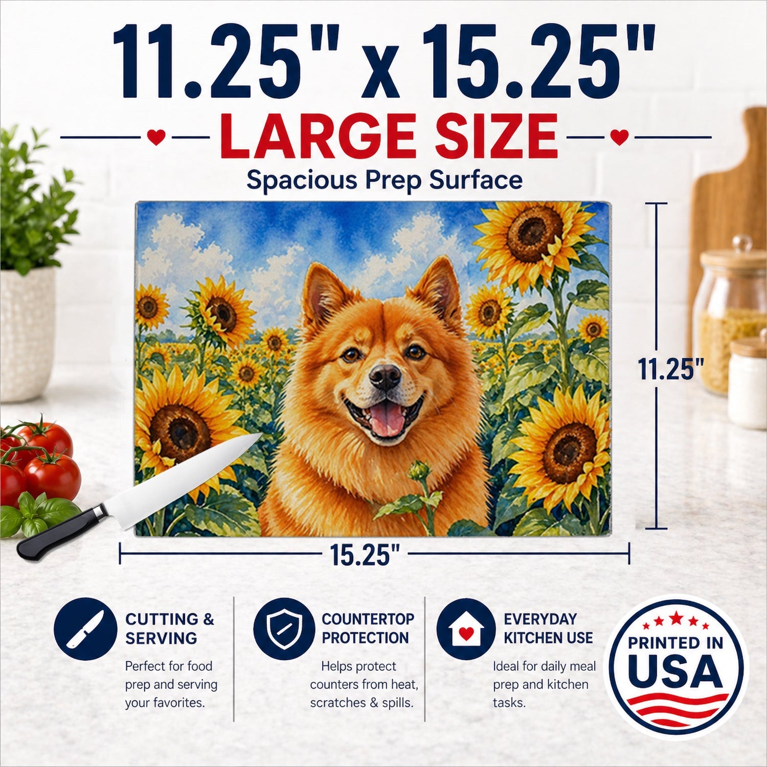 Finnish Spitz in Sunflowers Cutting Board Tempered Glass Kitchen Cutting Surface, Heat Resistant Chopping Board with Non-Slip Feet, Decorative Food Prep & Serving