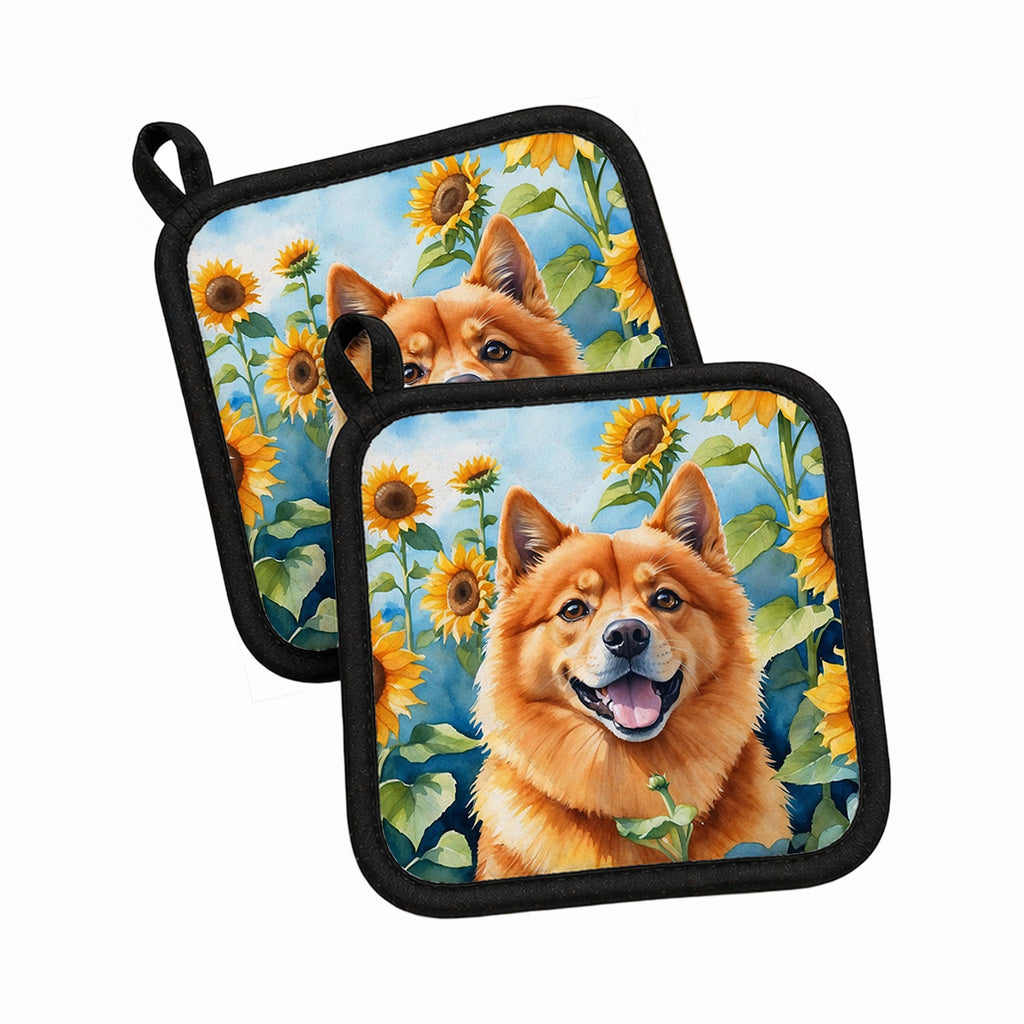Finnish Spitz in Sunflowers Pot Holder Set of 2 Heat Resistant Quilted Hot Pads 7.5 x 7.5 Inch, Insulated Kitchen Trivets for Cooking & Baking