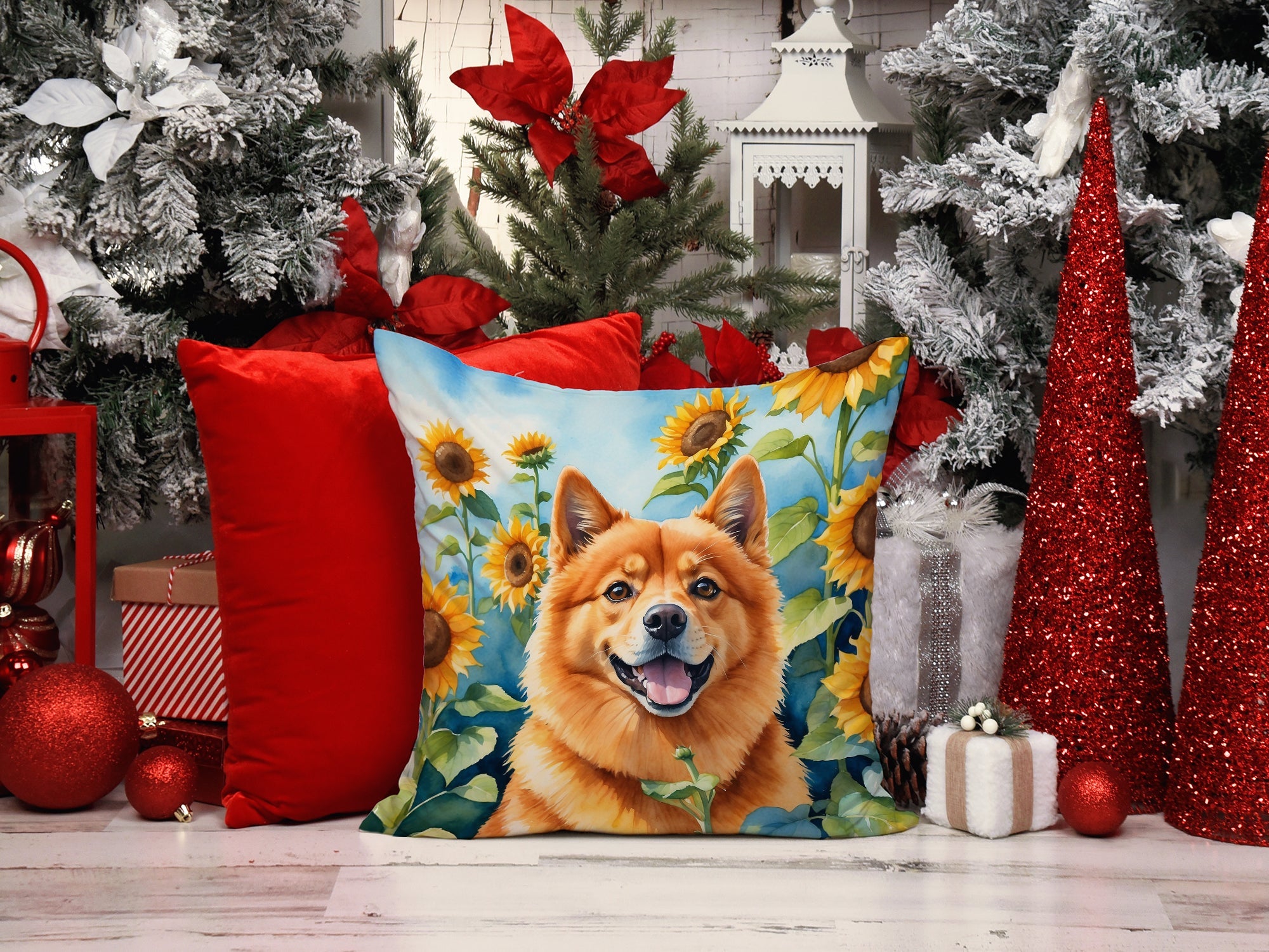 Finnish Spitz in Sunflowers Decorative Throw Pillow 14x14 Indoor Outdoor Accent Cushion, Fabric Cover with Insert for Sofa, Bed, Porch & Living Room