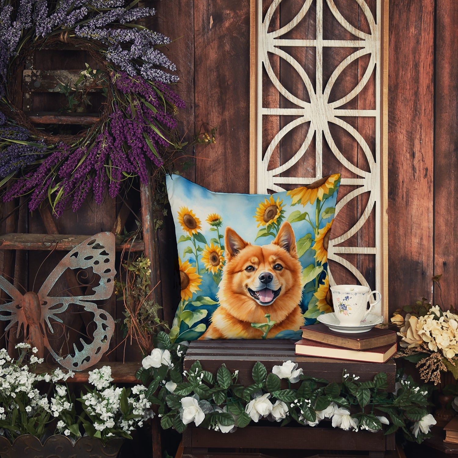 Finnish Spitz in Sunflowers Decorative Throw Pillow 18x18 Indoor Outdoor Accent Cushion, Fabric Cover with Insert for Sofa, Bed, Porch & Living Room
