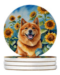 Finnish Spitz in Sunflowers Large Sandstone Coasters Pack of 4 Absorbent Round Coasters Decor Gifts for Men or Women, 4 in, Multicolor