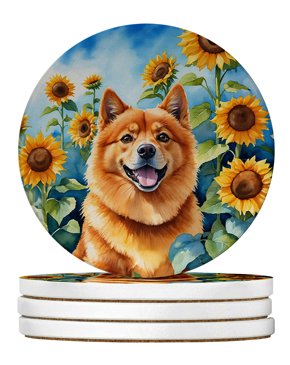 Finnish Spitz in Sunflowers Large Sandstone Coasters Pack of 4 Absorbent Round Coasters Decor Gifts for Men or Women, 4 in, Multicolor