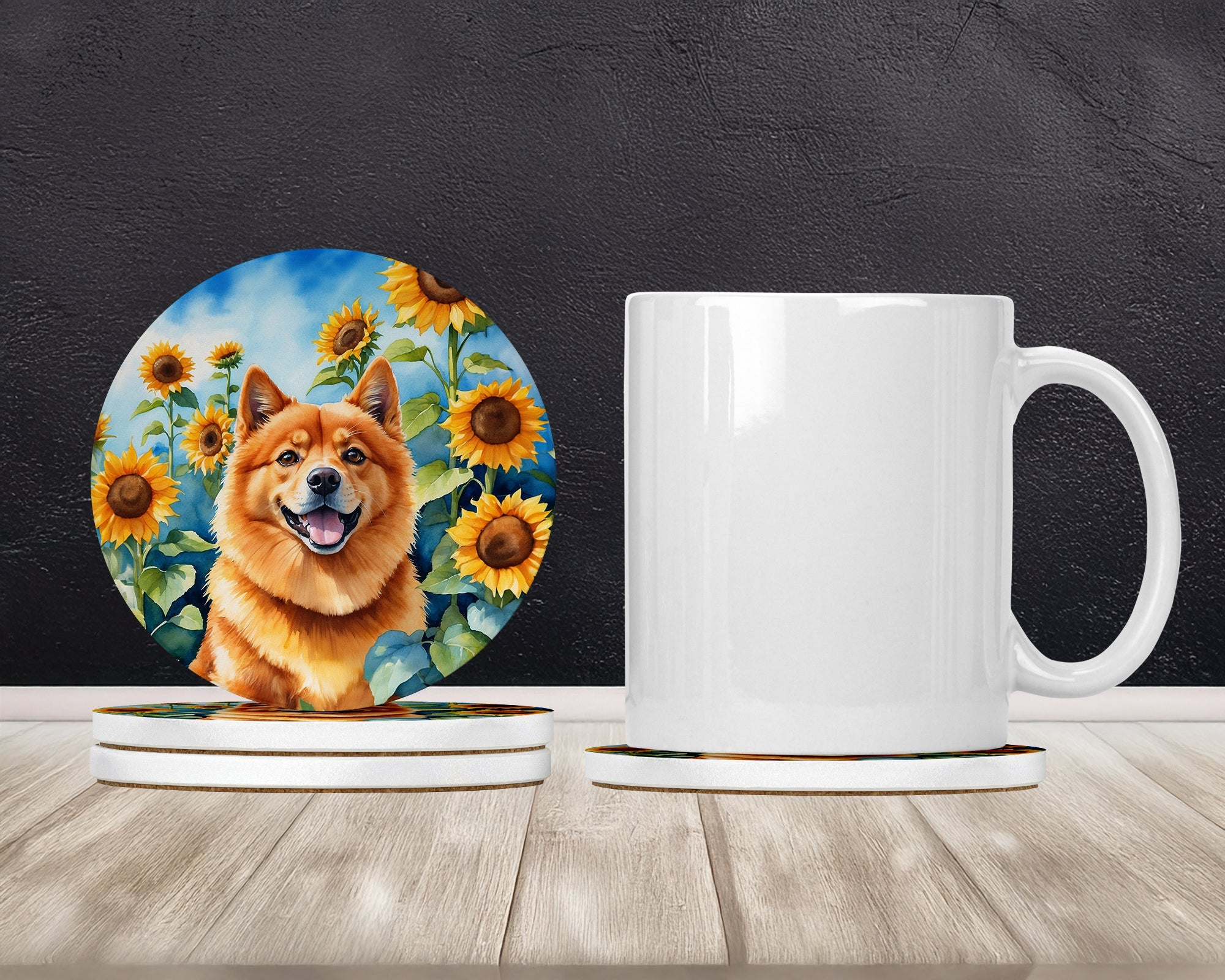 Finnish Spitz in Sunflowers Large Sandstone Coasters Pack of 4 Absorbent Round Coasters Decor Gifts for Men or Women, 4 in, Multicolor