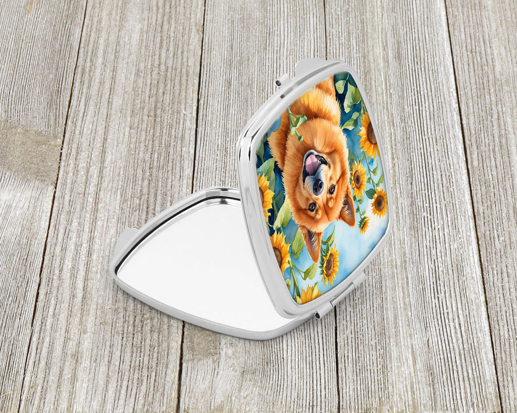 Finnish Spitz in Sunflowers Compact Mirror Decorative Travel Makeup Mirror for Women Girls Gifts Pocket Makeup Mirror Folding Handheld