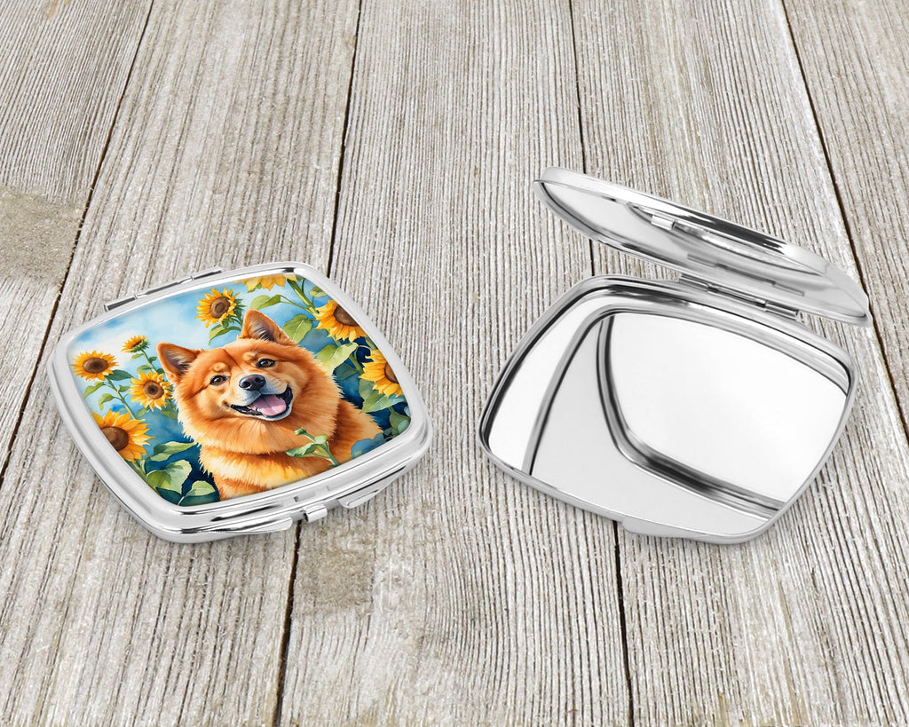 Finnish Spitz in Sunflowers Compact Mirror Decorative Travel Makeup Mirror for Women Girls Gifts Pocket Makeup Mirror Folding Handheld
