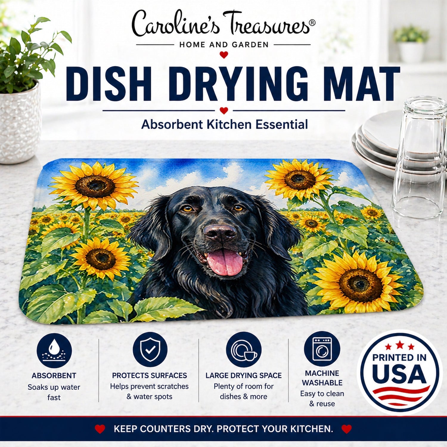 Flat-Coated Retriever in Sunflowers Dish Drying Mat Absorbent Dish Drying Mat Pad for Kitchen Counter Dish Drainer Mat for Countertop, 14 x 21", Multicolor