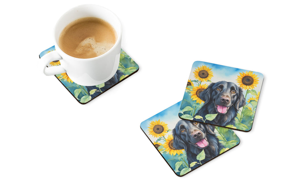 Flat-Coated Retriever in Sunflowers Foam Coasters Set of 4 Cup Coasters for Indoor Outdoor, Tabletop Protection, Anti Slip, Mouse pad Material