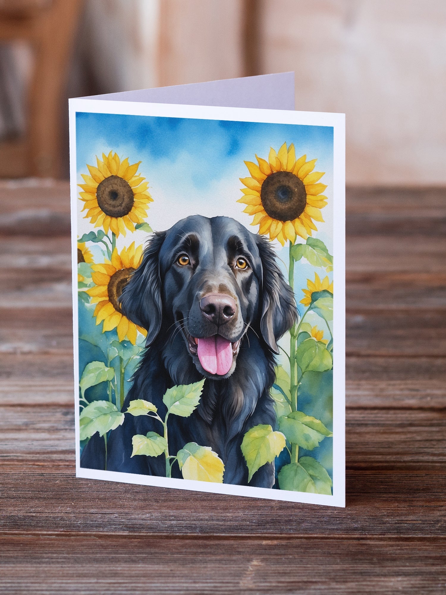 Flat-Coated Retriever in Sunflowers Greeting Cards Pack of 8 Blank Cards with Envelopes Whimsical A7 Size 5x7