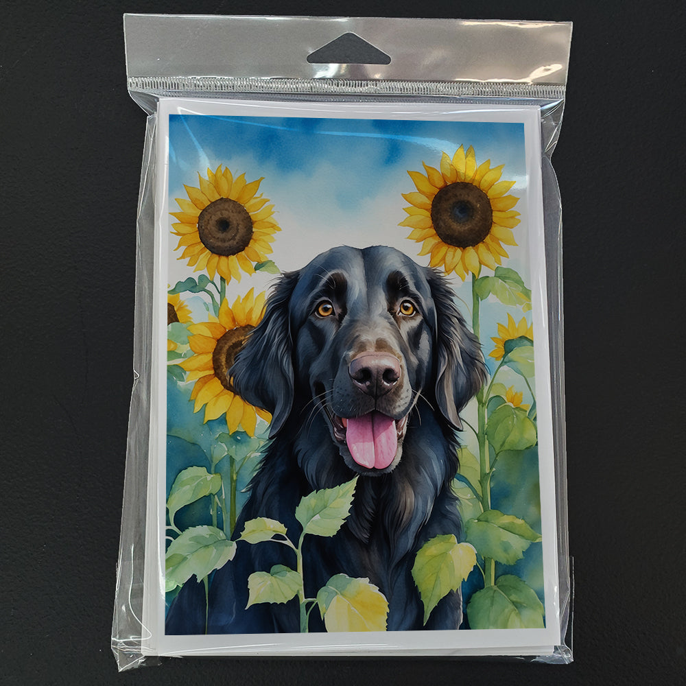 Flat-Coated Retriever in Sunflowers Greeting Cards Pack of 8 Blank Cards with Envelopes Whimsical A7 Size 5x7
