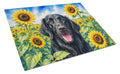 Flat-Coated Retriever in Sunflowers Cutting Board Tempered Glass Kitchen Cutting Surface, Heat Resistant Chopping Board with Non-Slip Feet, Decorative Food Prep & Serving
