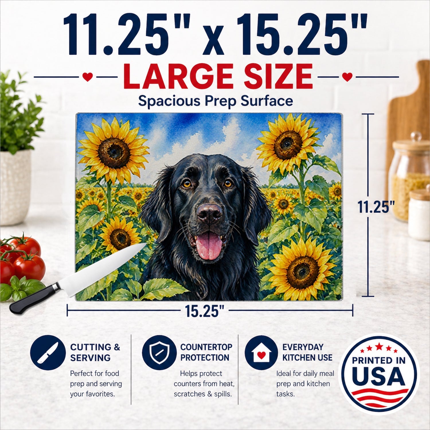 Flat-Coated Retriever in Sunflowers Cutting Board Tempered Glass Kitchen Cutting Surface, Heat Resistant Chopping Board with Non-Slip Feet, Decorative Food Prep & Serving