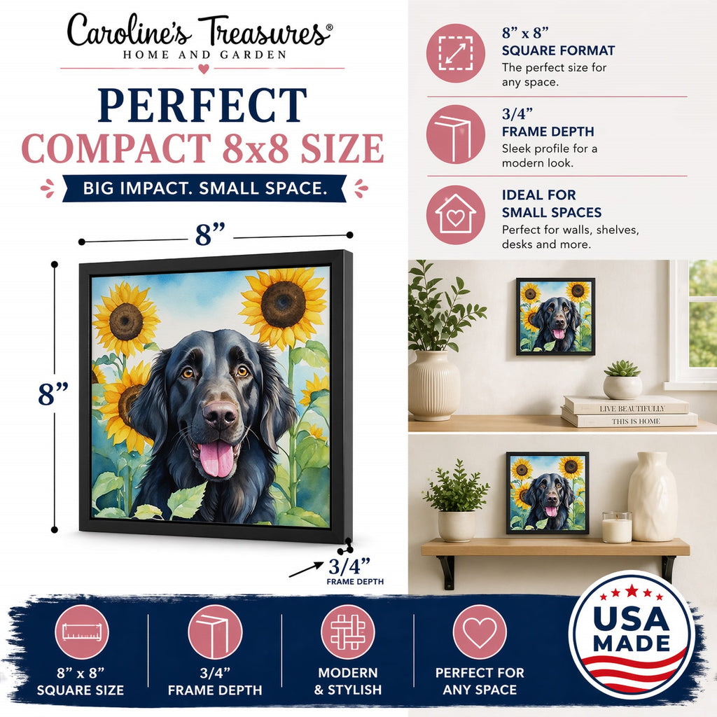 Flat-Coated Retriever in Sunflowers Framed Metal Print Bathroom, Kitchen, Office, Home Decor Wall Art Ready to Hang, Square, 8X8