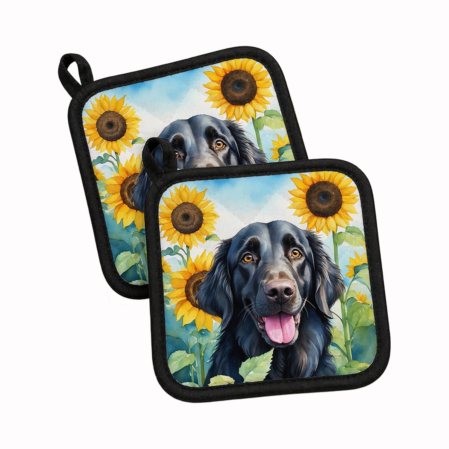 Flat-Coated Retriever in Sunflowers Pot Holder Set of 2 Heat Resistant Quilted Hot Pads 7.5 x 7.5 Inch, Insulated Kitchen Trivets for Cooking & Baking