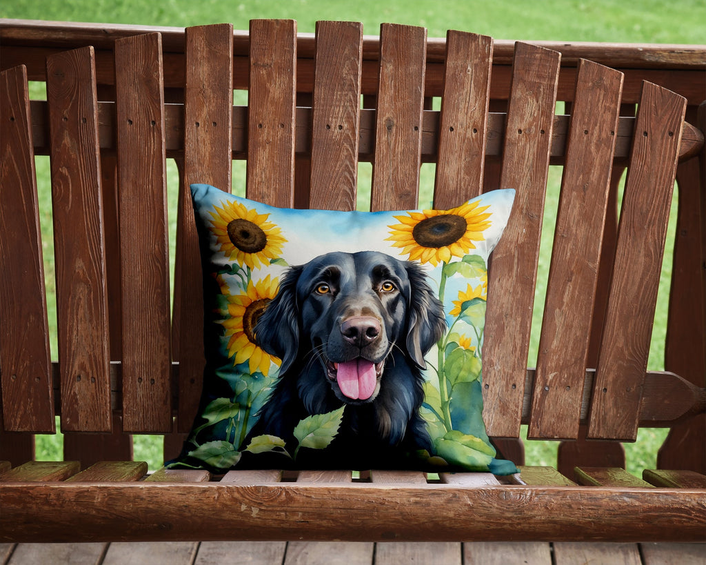 Flat-Coated Retriever in Sunflowers Decorative Throw Pillow 14x14 Indoor Outdoor Accent Cushion, Fabric Cover with Insert for Sofa, Bed, Porch & Living Room