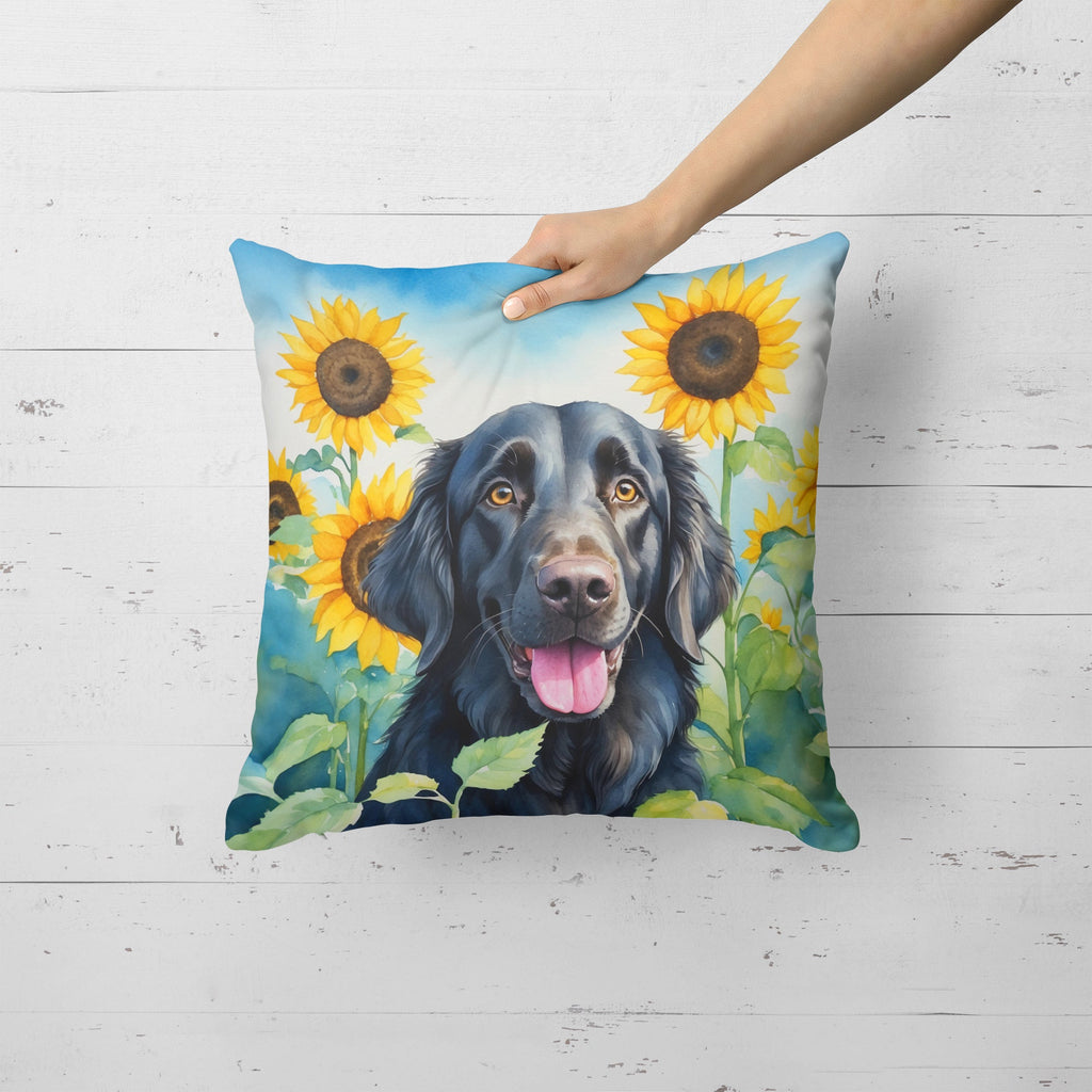 Flat-Coated Retriever in Sunflowers Decorative Throw Pillow 18x18 Indoor Outdoor Accent Cushion, Fabric Cover with Insert for Sofa, Bed, Porch & Living Room