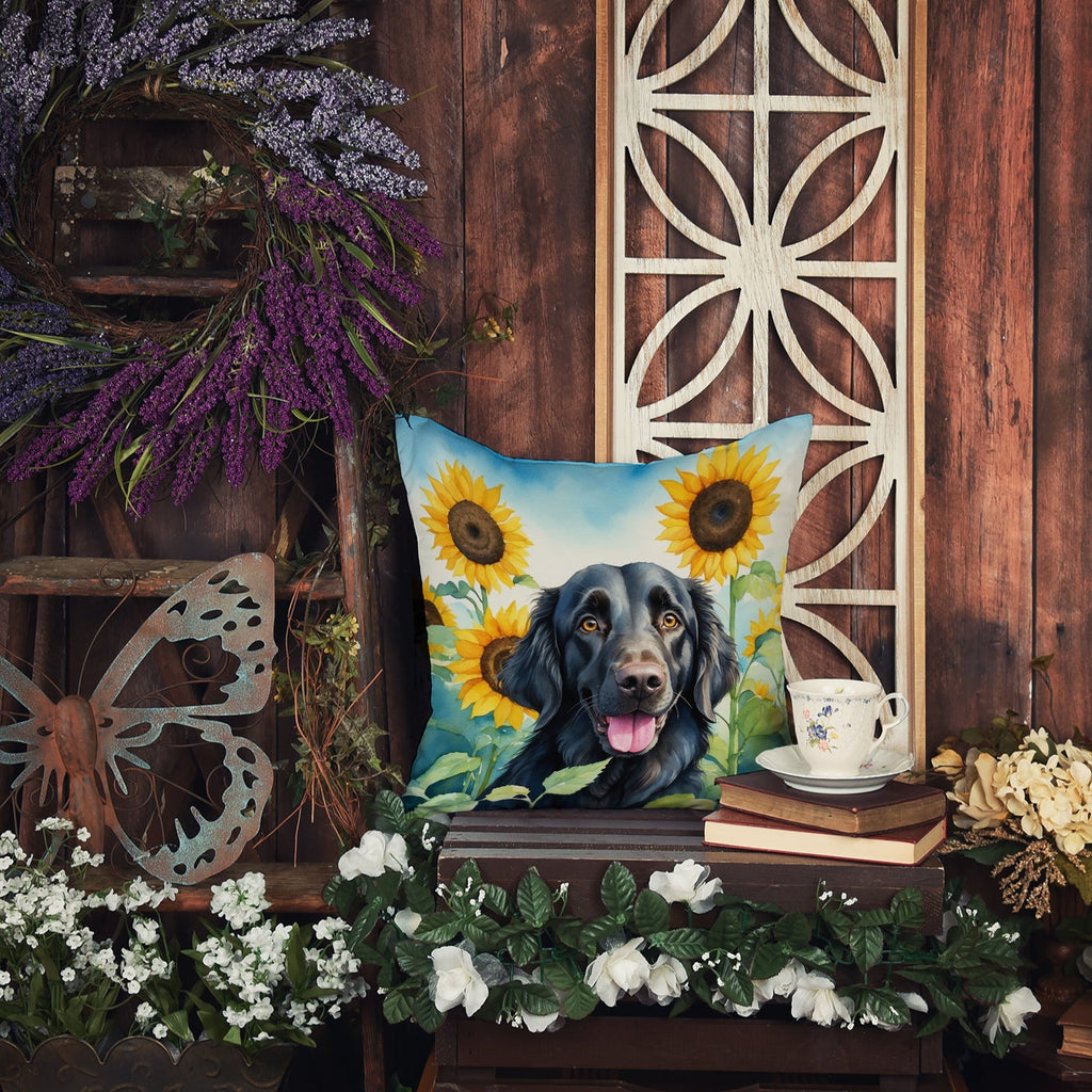 Flat-Coated Retriever in Sunflowers Decorative Throw Pillow 18x18 Indoor Outdoor Accent Cushion, Fabric Cover with Insert for Sofa, Bed, Porch & Living Room