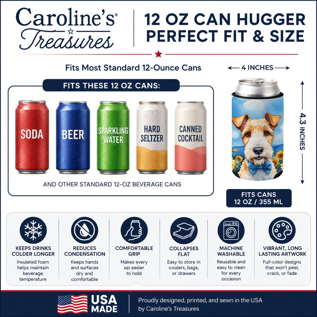 Fox Terrier in Sunflowers Can or Bottle Hugger Cooler Sleeve for Standard 12 oz Cans, Insulated Foam Beer & Soda Can Hugger Reusable