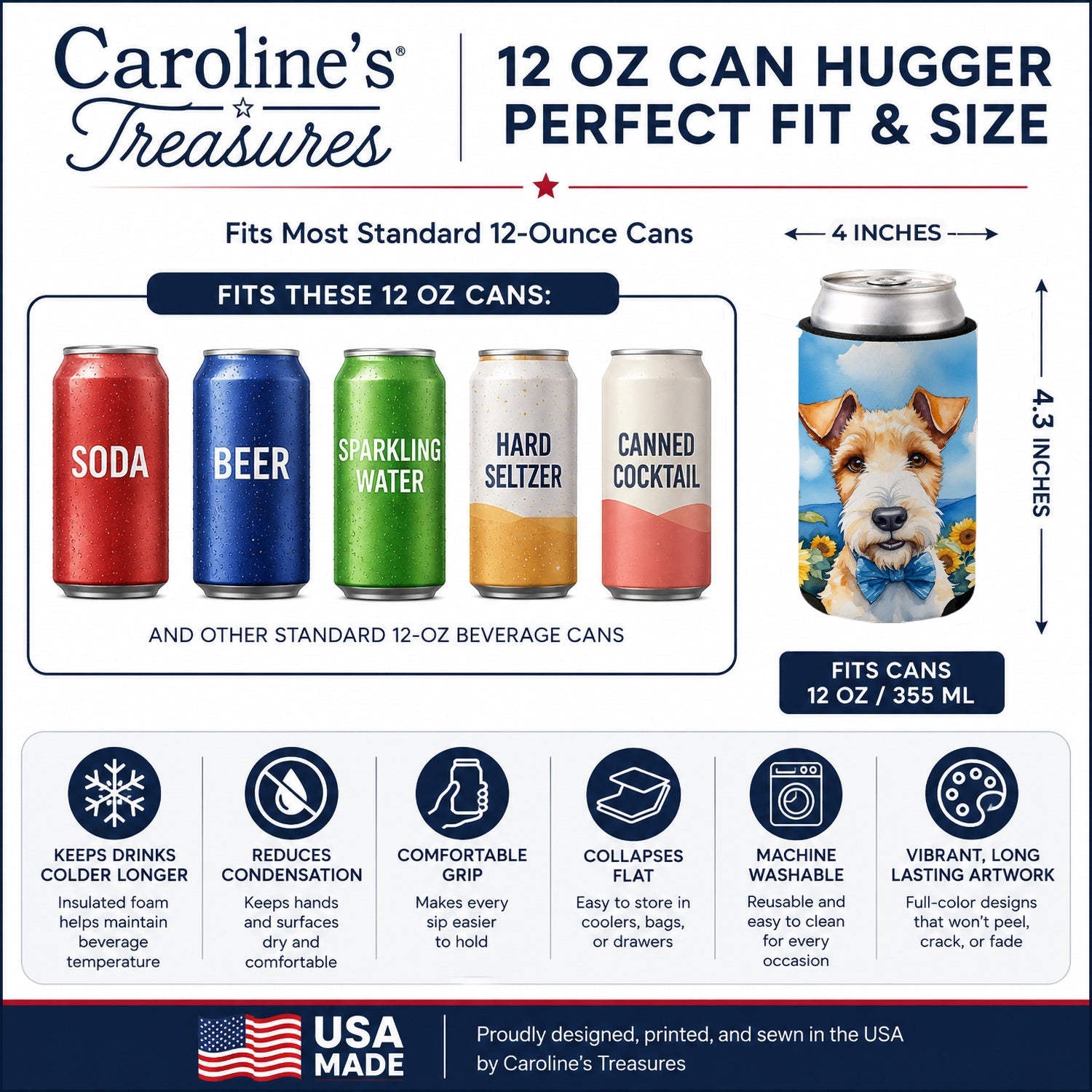 Fox Terrier in Sunflowers Can or Bottle Hugger Cooler Sleeve for Standard 12 oz Cans, Insulated Foam Beer & Soda Can Hugger Reusable