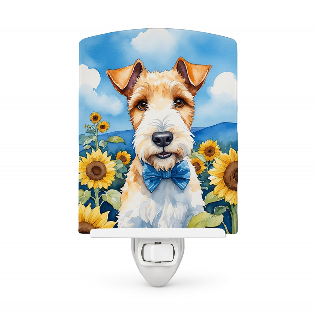 Fox Terrier in Sunflowers Ceramic Night Light Compact, UL-Certified, Ideal for Bedroom, Bathroom, Nursery, Hallway, Kitchen, 6x4x3, Multicolor