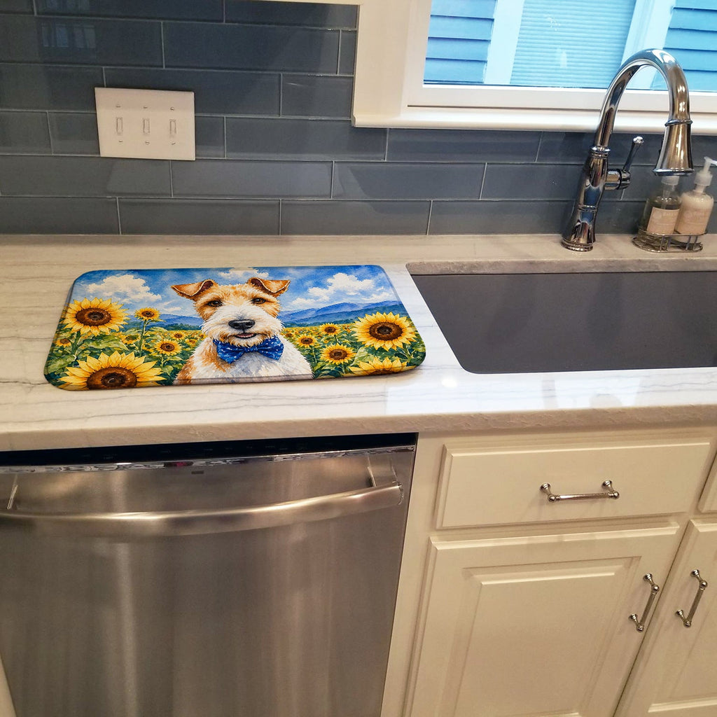 Fox Terrier in Sunflowers Dish Drying Mat Absorbent Dish Drying Mat Pad for Kitchen Counter Dish Drainer Mat for Countertop, 14 x 21", Multicolor