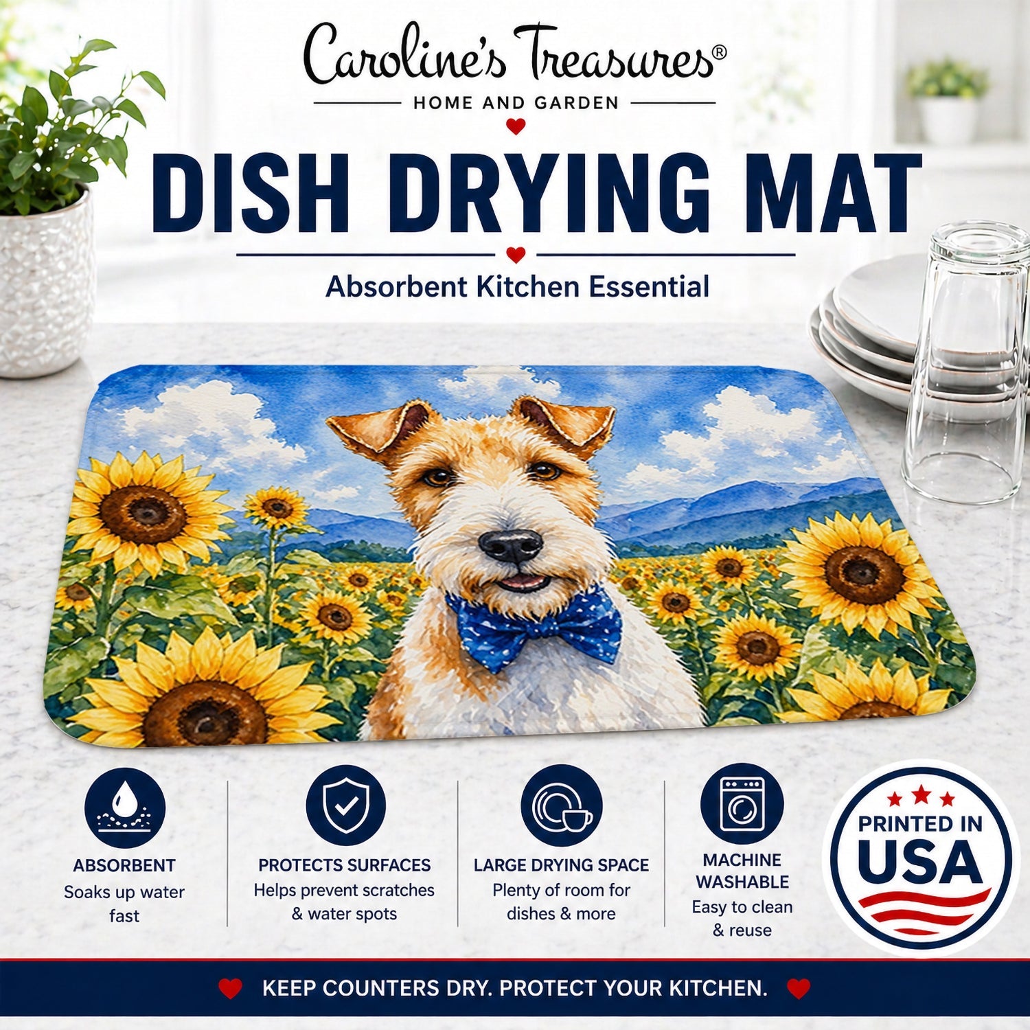 Fox Terrier in Sunflowers Dish Drying Mat Absorbent Dish Drying Mat Pad for Kitchen Counter Dish Drainer Mat for Countertop, 14 x 21", Multicolor