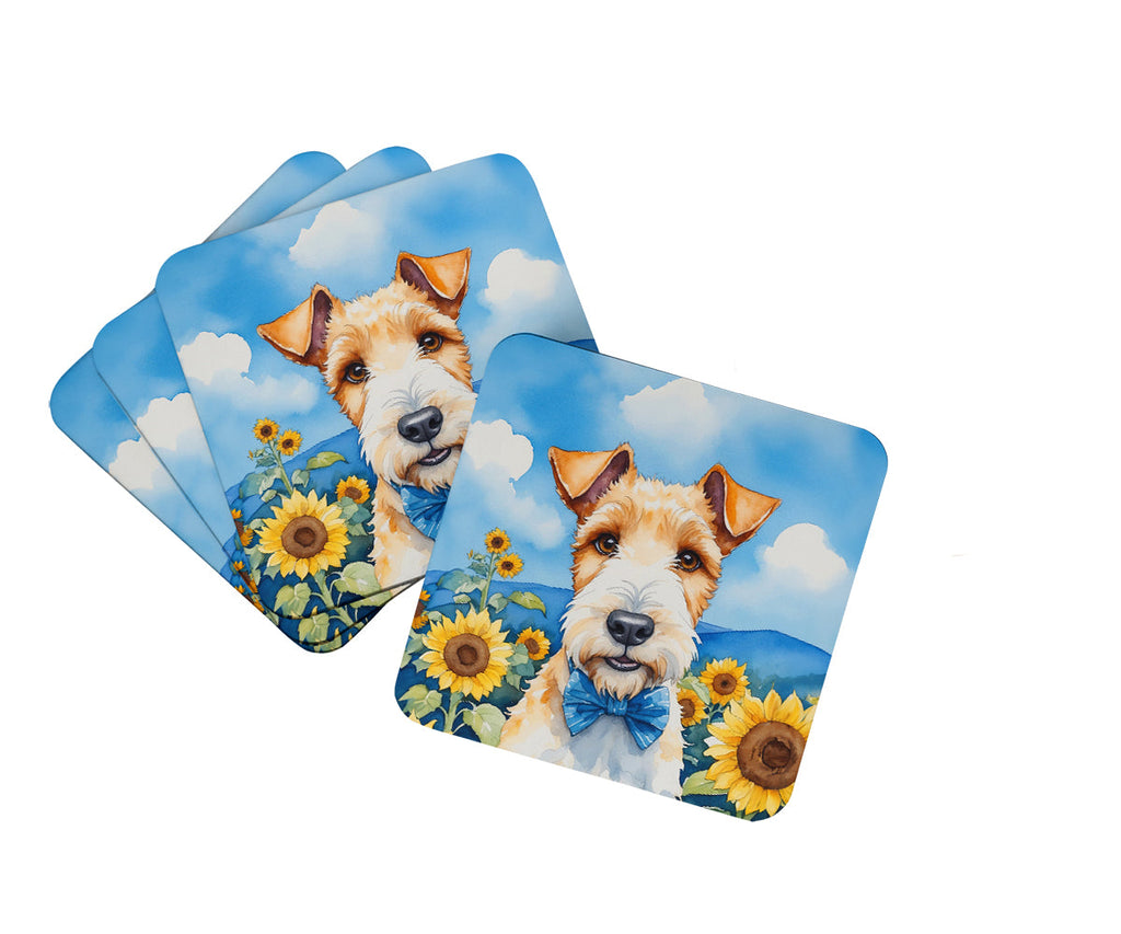Fox Terrier in Sunflowers Foam Coasters Set of 4 Cup Coasters for Indoor Outdoor, Tabletop Protection, Anti Slip, Mouse pad Material