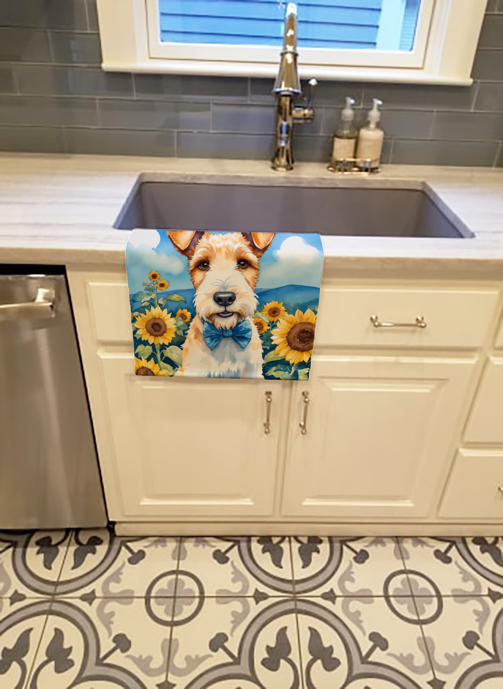 Fox Terrier in Sunflowers Kitchen Towel Velour Plush Front and Cotton Loop Back Machine Washable