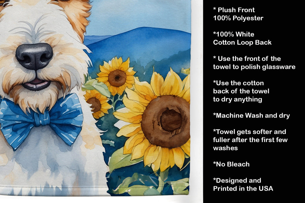 Fox Terrier in Sunflowers Kitchen Towel Velour Plush Front and Cotton Loop Back Machine Washable