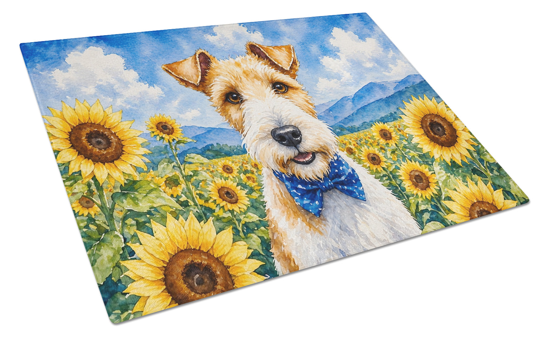 Fox Terrier in Sunflowers Cutting Board Tempered Glass Kitchen Cutting Surface, Heat Resistant Chopping Board with Non-Slip Feet, Decorative Food Prep & Serving